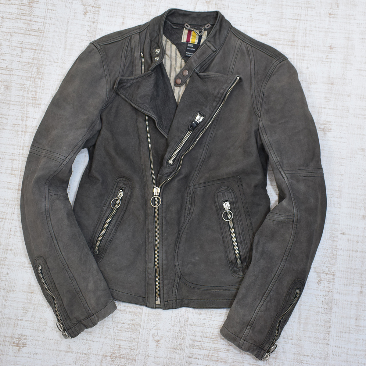 激渋加工★ DIESEL ディーゼル ユーズド加工 牛革 セミダブルレザーライダースジャケット M