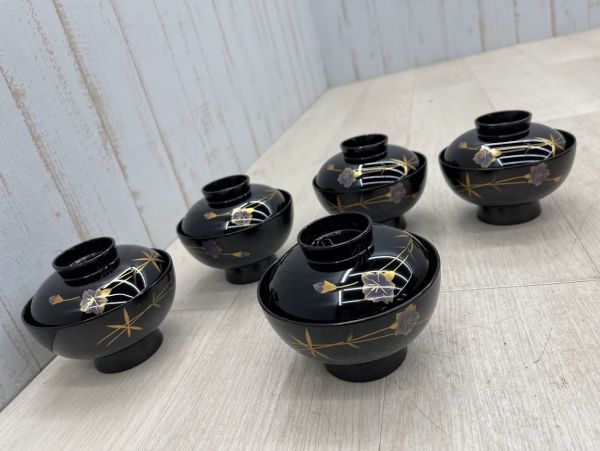 1円 会津塗 5客揃え 蒔絵 本木地 黒吸物椀 祖雅堂 花しおり 会津桐総桐