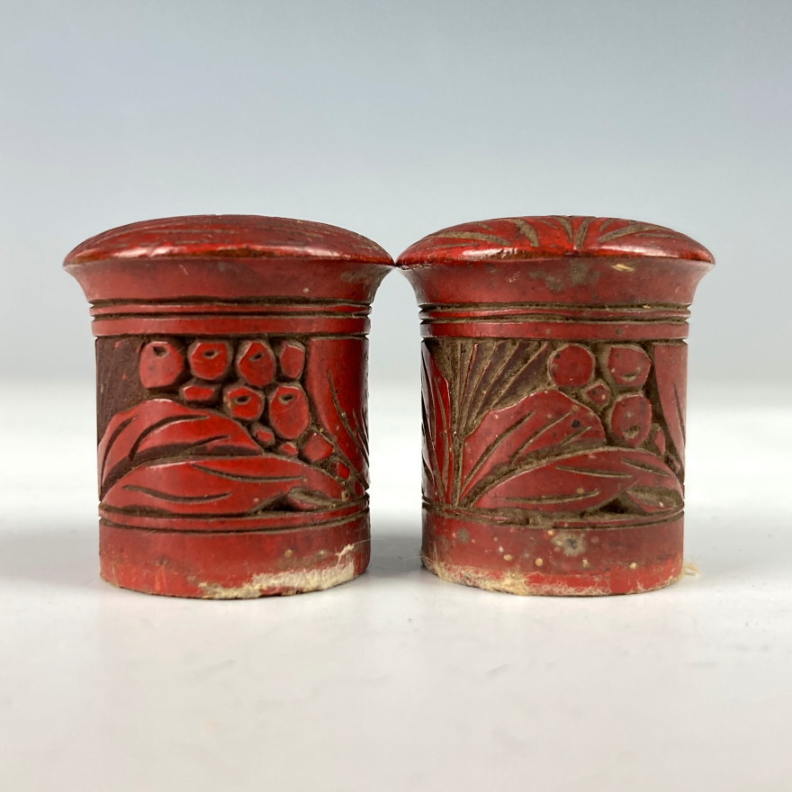 【軸先】JK20 時代 堆朱 軸先 一対 仏画 花鳥 山水 古画 中国 唐物 古玩 掛軸
