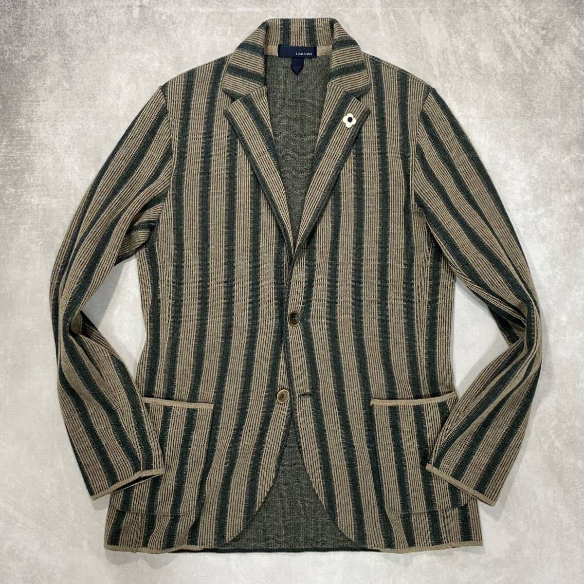 LARDINI 希少XL ブートニエール ニットテーラードジャケット グリーン系 ラルディーニ 希少XL ブートニエール パイル地 ストライプ ニット