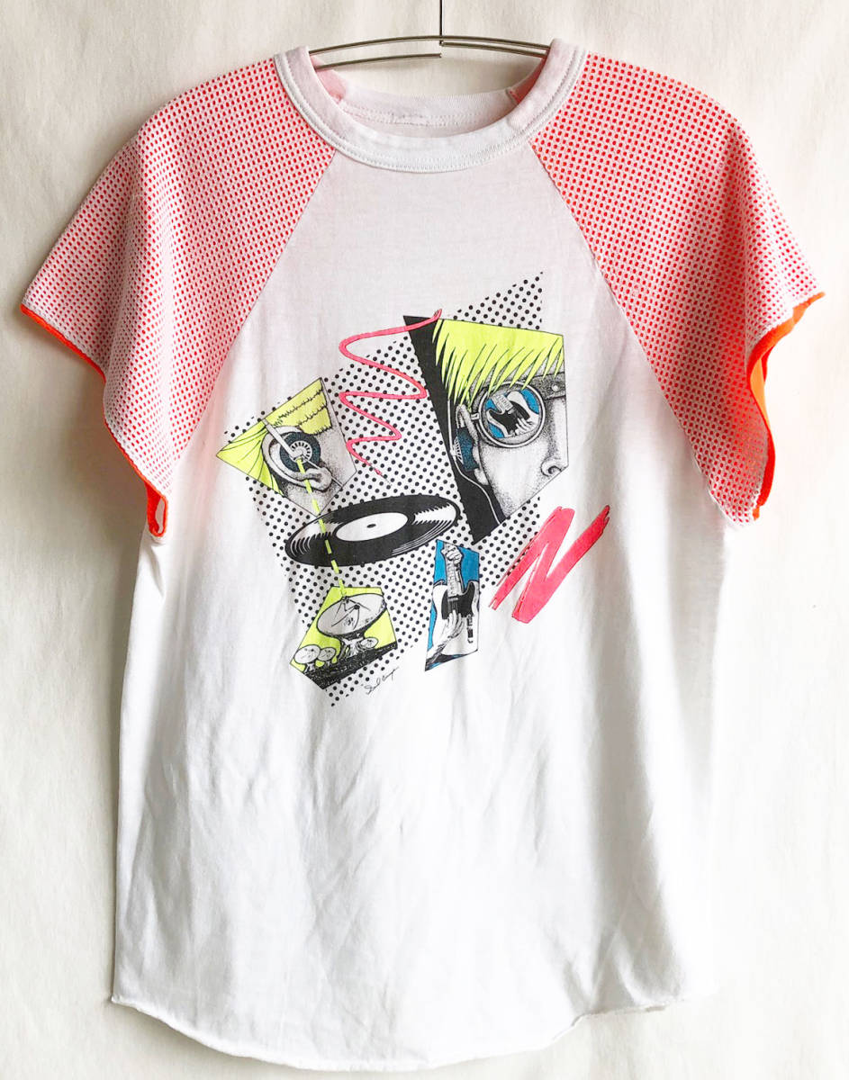 SALE即決【80'sヴィンテージ】newwave & punk ポップーアート 半袖ベースボールTシャツ/レディース/ホワイト/エレクトロ/近未来 (p-223-1e)