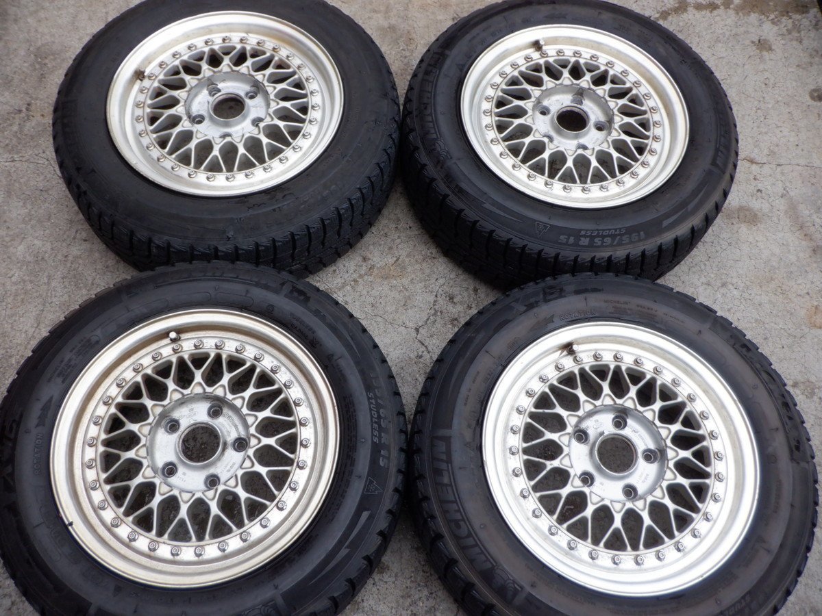 希少 BBS RS メッシュ RS043 15インチ 6.5J +36 5穴 PCD 114.3 ホイール 4本 ミシュラン X-ICE 195/65R15 スタッドレスタイヤ付