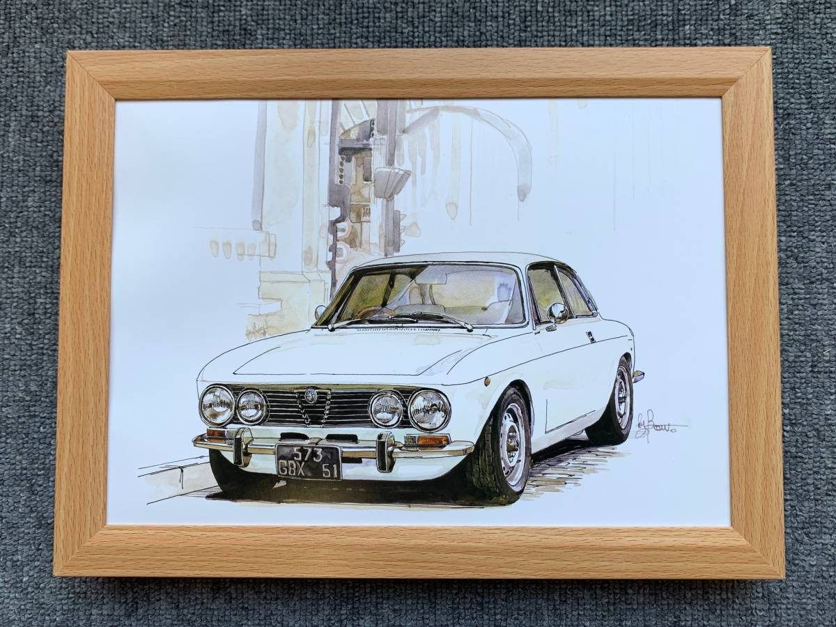 □BOW。池田和弘『Alfa-Romeo 2000GTV』B5サイズ 額入り 貴重イラスト 