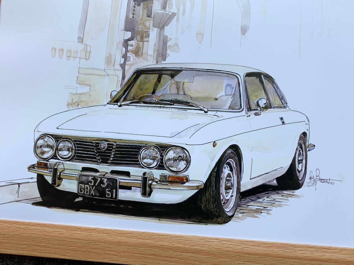□BOW。池田和弘『Alfa-Romeo 2000GTV』B5サイズ 額入り 貴重イラスト 