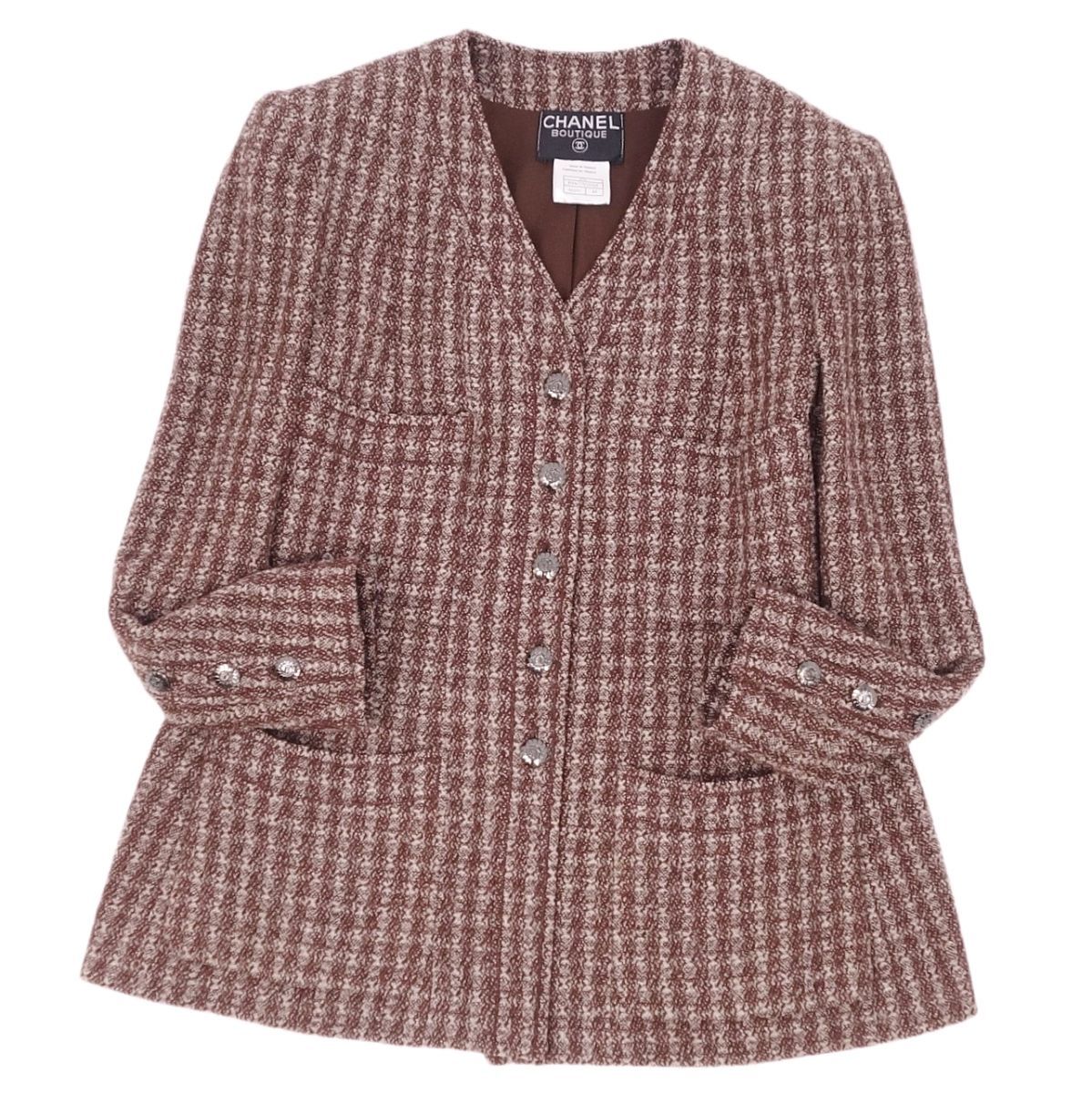 【大得価，お買い得】 極 Vintage シャネル CHANEL ジャケット 97A ココマーク ツイード ノーカラー Vカラー チェック ウール 44 ブラウン ci10mn-rm10c07844(42以上)｜売買されたオークション情報、yahooの商品情報をアーカイ 女性用