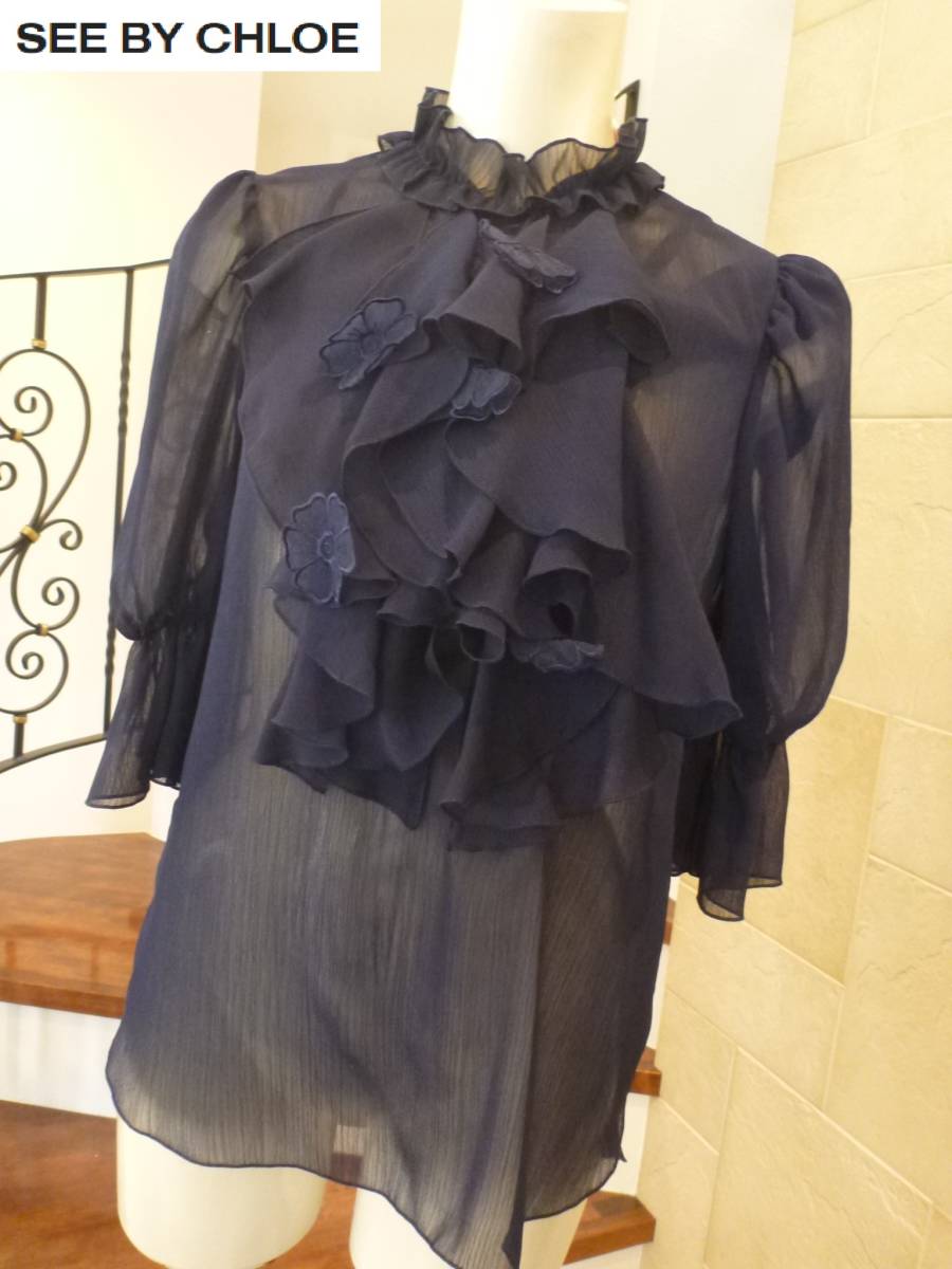 超美品 SEE BY CHLOE　シーバイクロエ ★紺　ネイビー　インナー付き　花モチーフ　ブラウス　34　M相当
