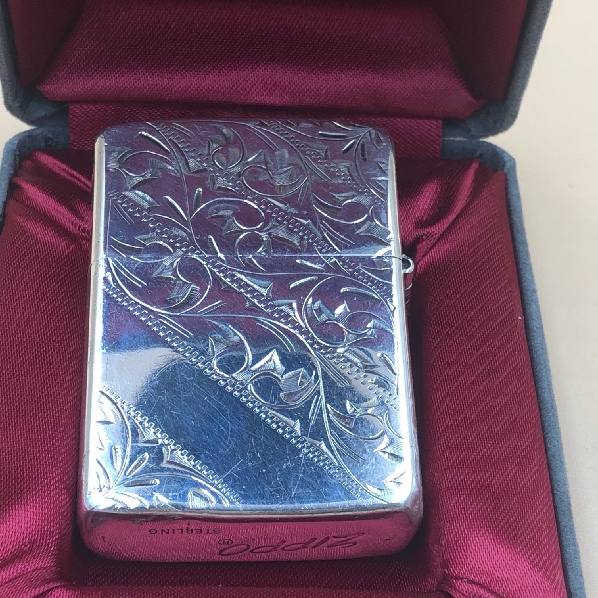 中古Zippo 純銀 スターリングシルバー 唐草模様 手彫り 銀無垢