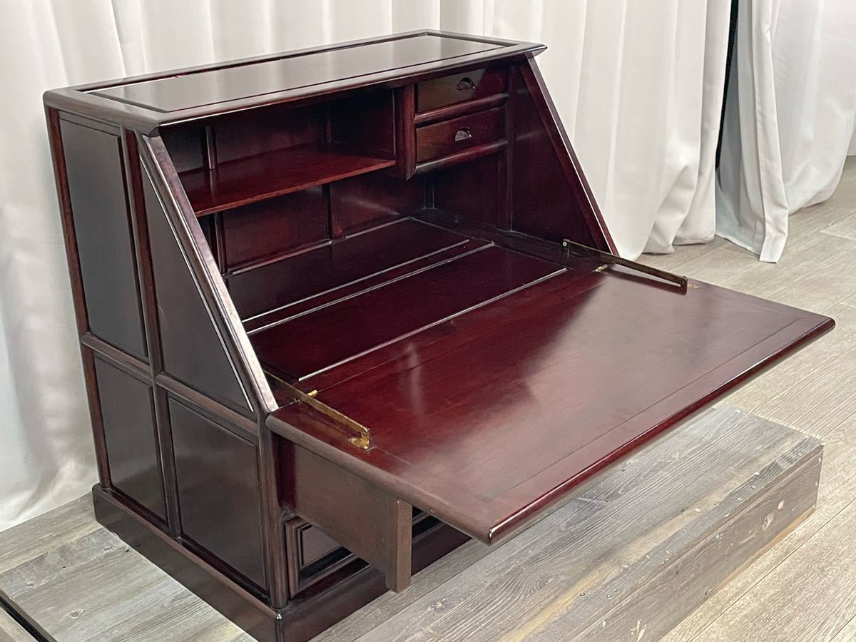 G653 紫檀 無垢材 唐木家具 ライティング ビューロー 彫刻 松竹梅 座机 