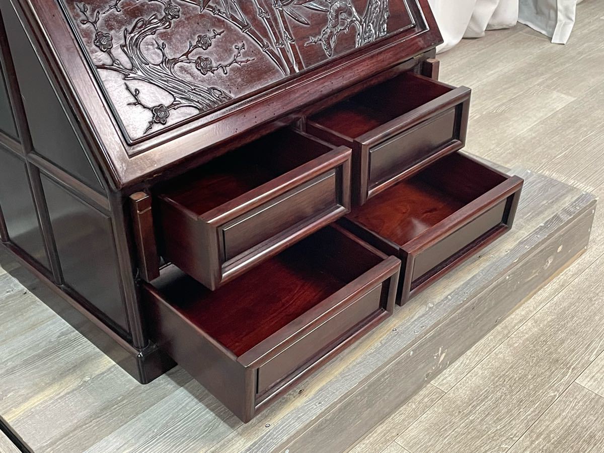 G653 紫檀 無垢材 唐木家具 ライティング ビューロー 彫刻 松竹梅 座机 
