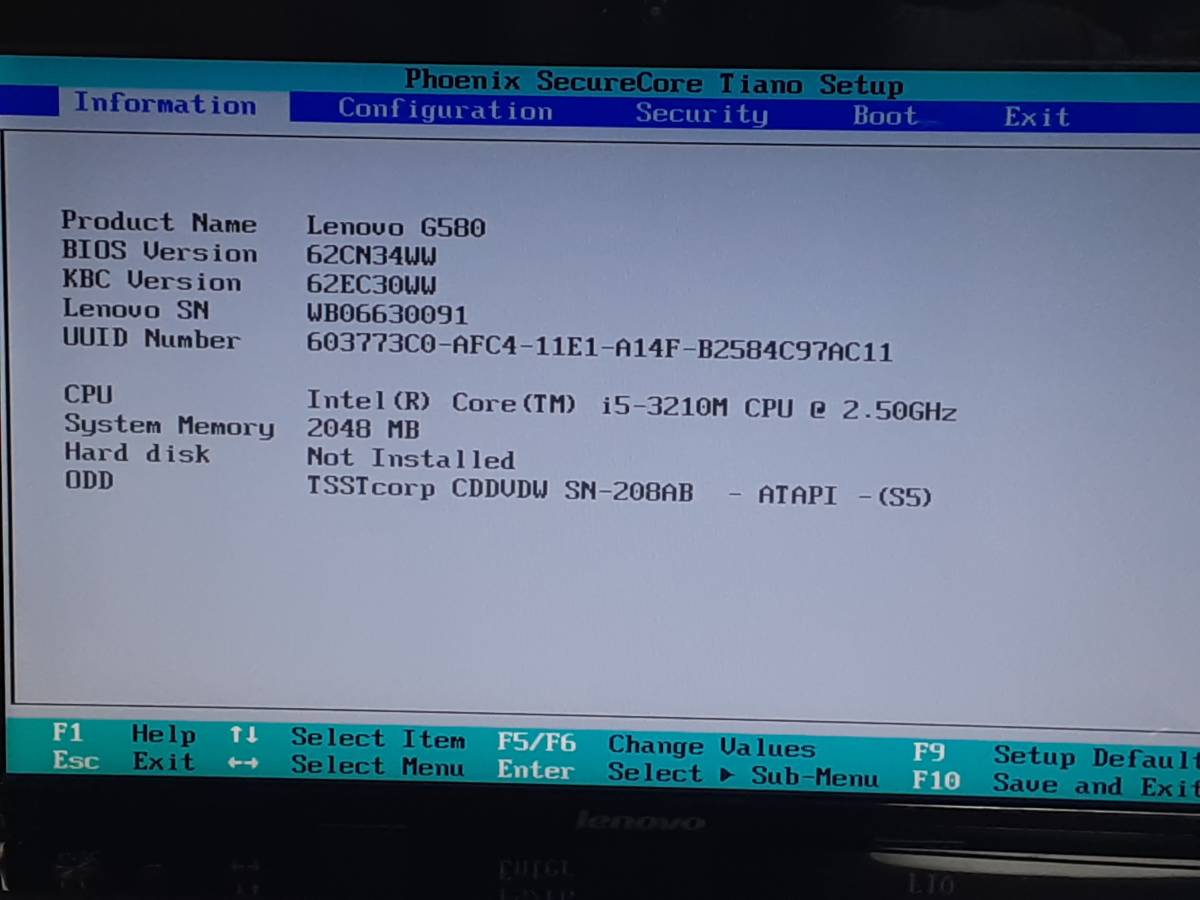 Lenovo G580 CORE i5-3210M BIOS確認ノートパソコンジャンク(083122