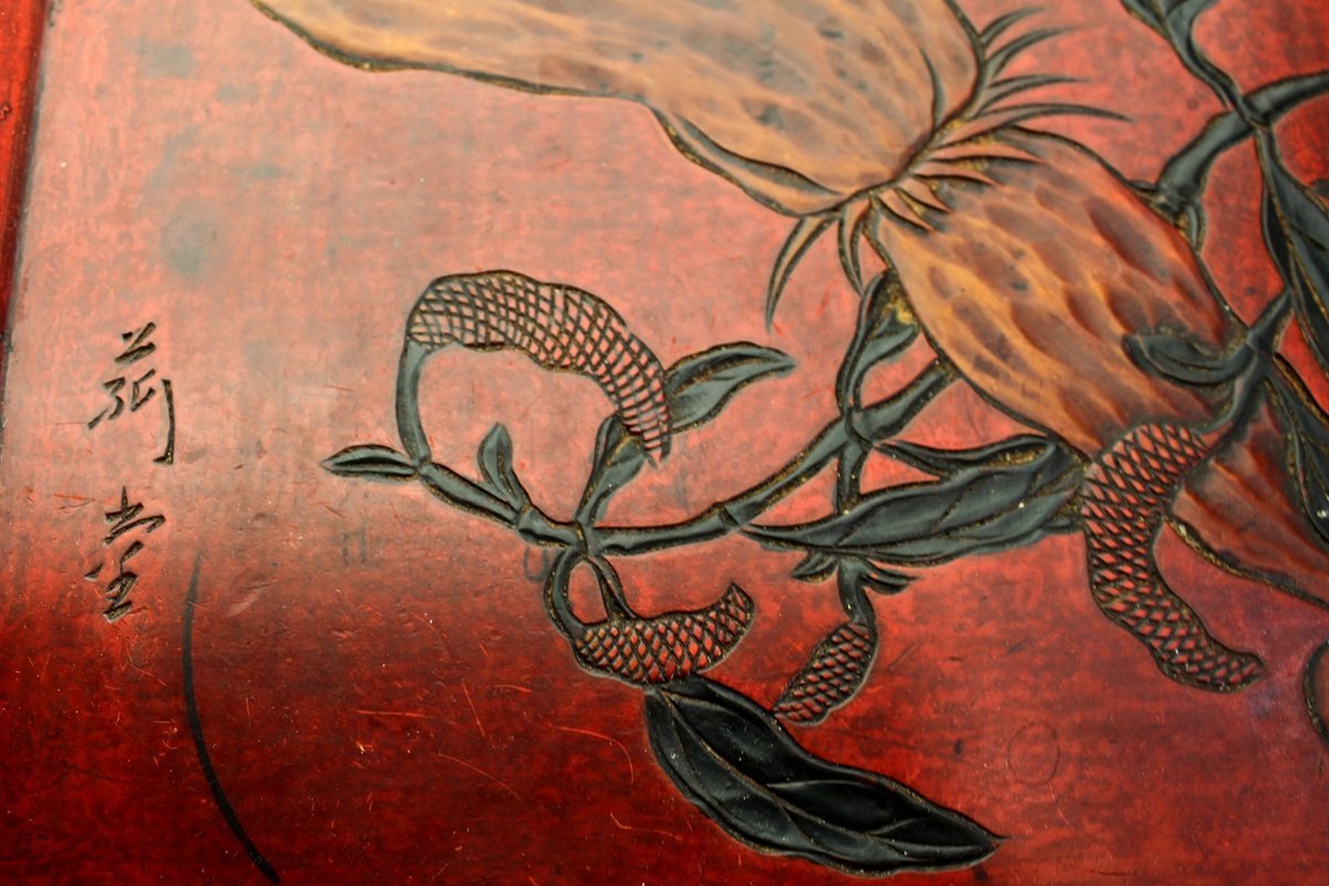 讃岐 盆 柿の木 漆 彩色 黄金楠木 彫刻 在銘 アンティーク 工芸品 置物 折敷 輪島塗 古代朱 沈金 昭和初期 36cm四方盆