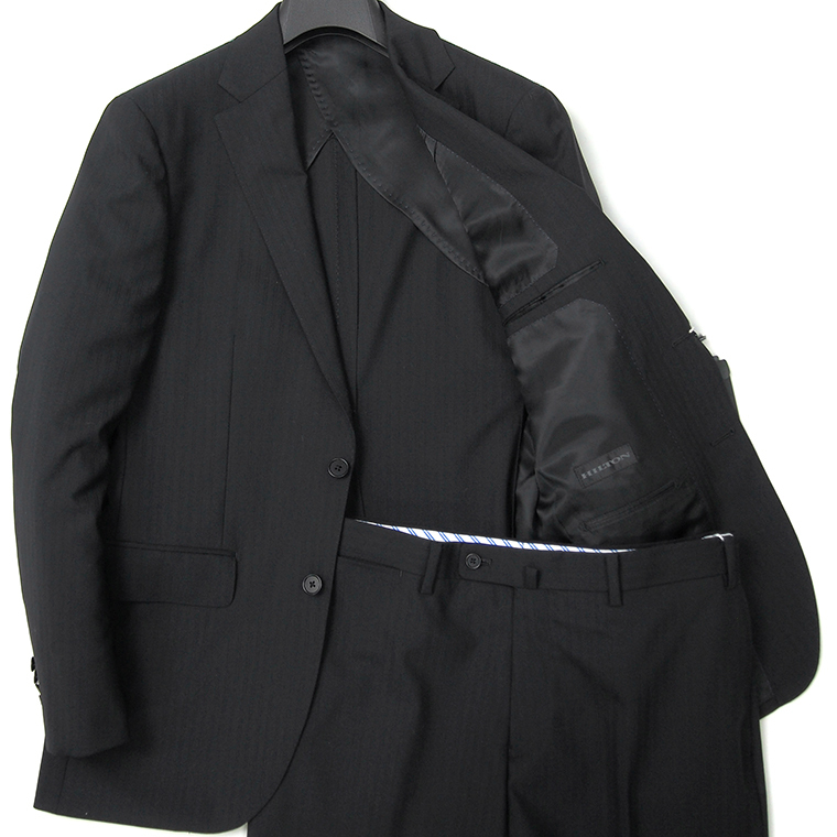 新品 HILTON ヒルトン 春夏 Super120's ウール ストライプ スーツ A6 (L) 黒 【J58551】 イタリアンクラシコ セットアップ ストレッチ