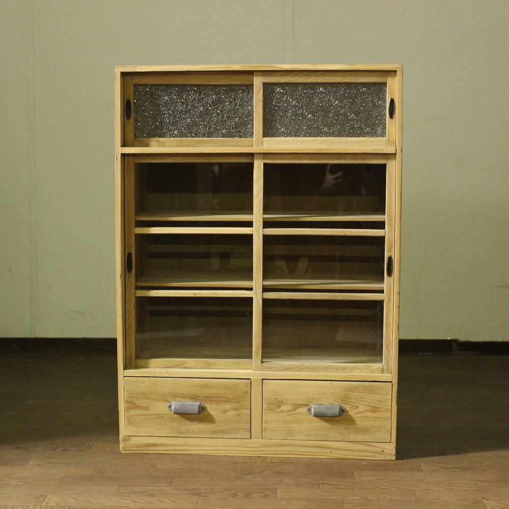 アンティーク・レトロ 木肌の良い古い収納棚 ビンテージダイヤガラス