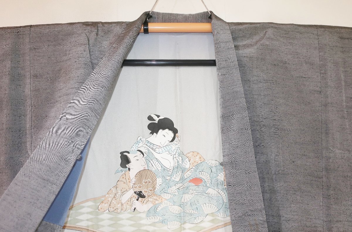 壱土2411 本絹現代真綿結城紬 男着物羽織 裄69丈144К銀ネズ粗細