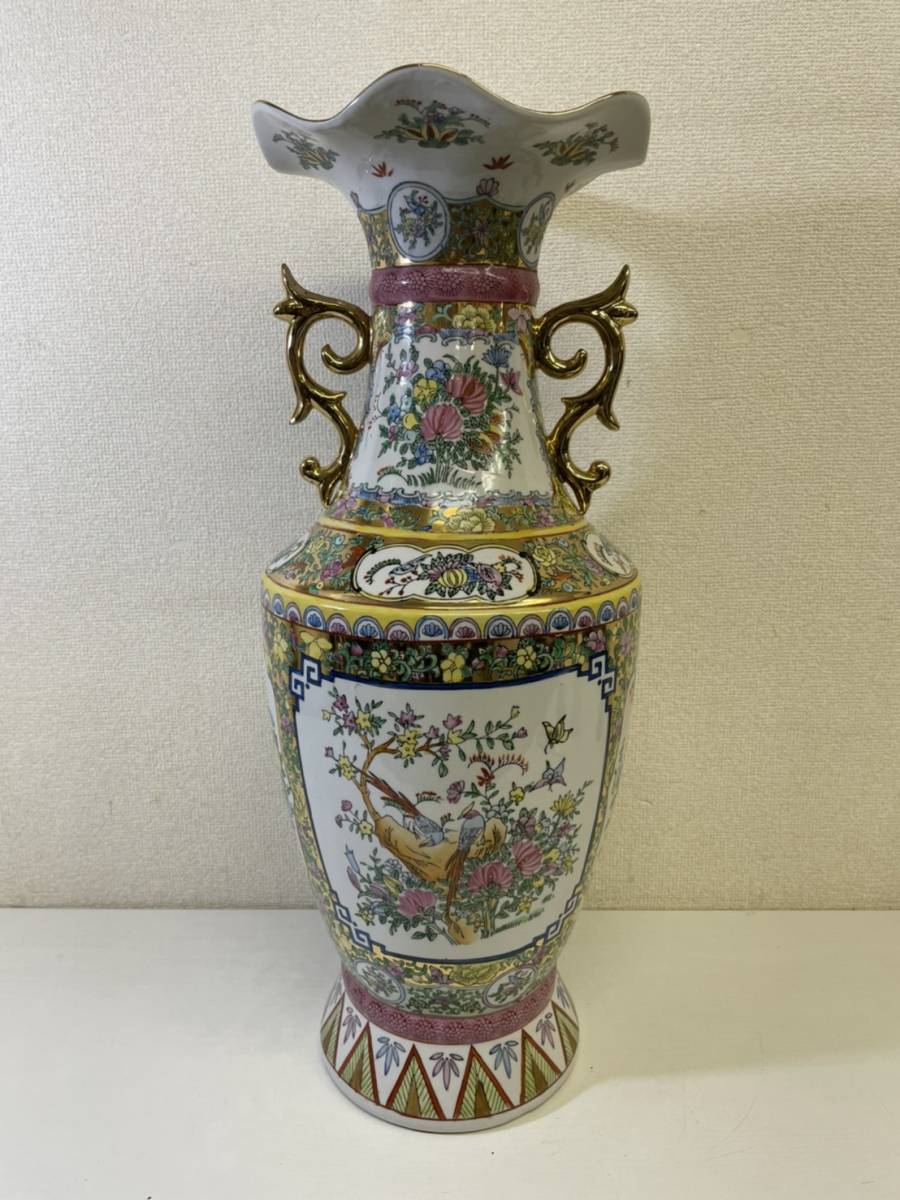 B5194】 特大 飾り壺 大花瓶 金彩色絵 花鳥図 高さ約61㎝