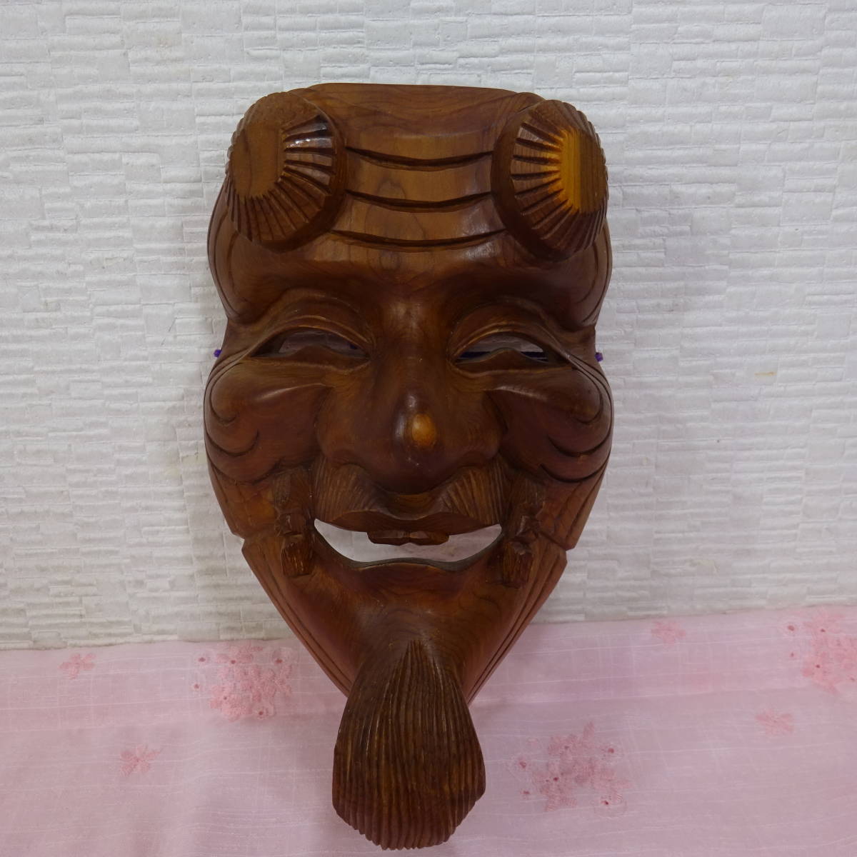 614B□木彫り お面 翁 木製 一守 壁掛け 能面 翁面 狂言 能楽(オブジェ 