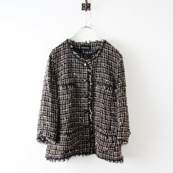 INGEBORG インゲボルグ ツイードノーカラージャケット L/ブラック【2400012746374】