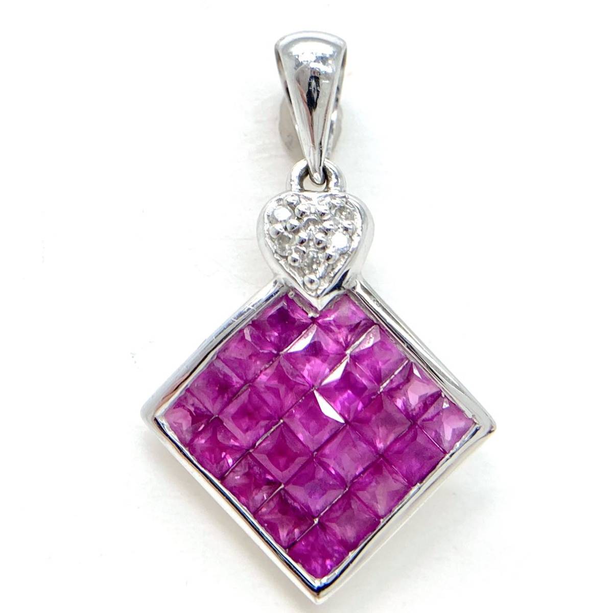 K18WG 天然ダイヤモンド付き天然ルビーペンダントトップ 2.0g 1.30ct 