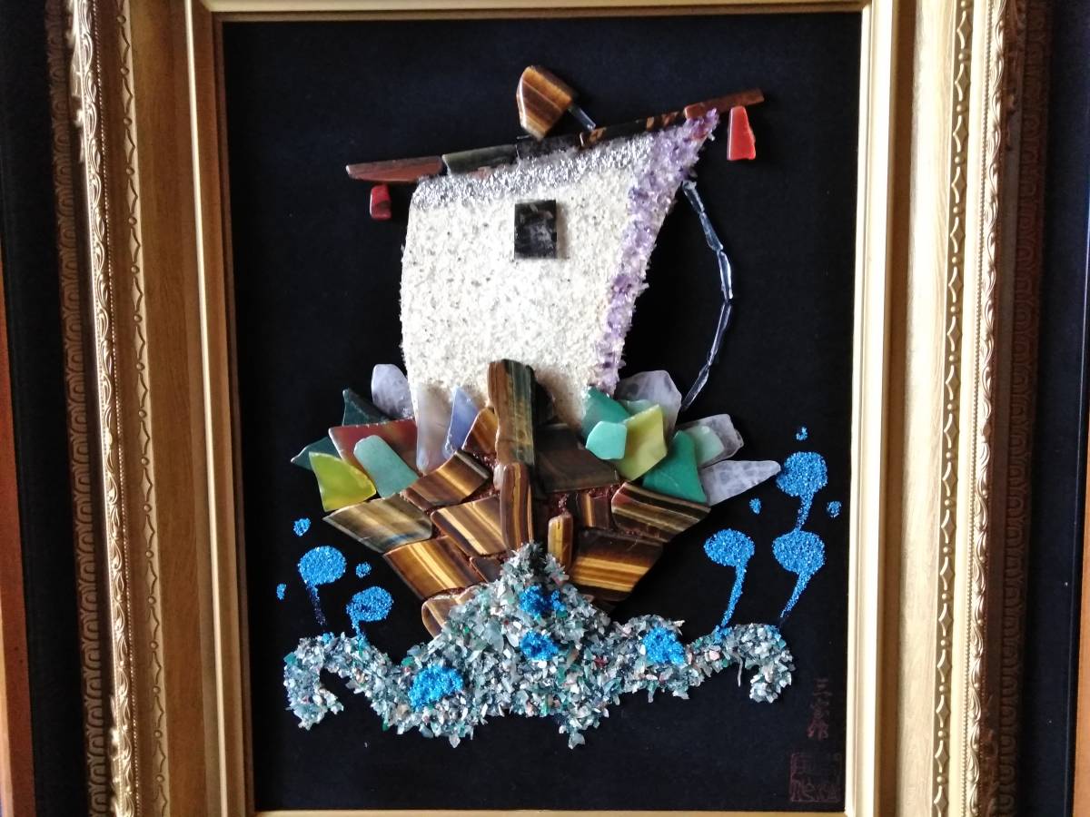 貴石画 宝石画 ストーンアート 石細工 天然石 花 額縁 絵画 額装 手