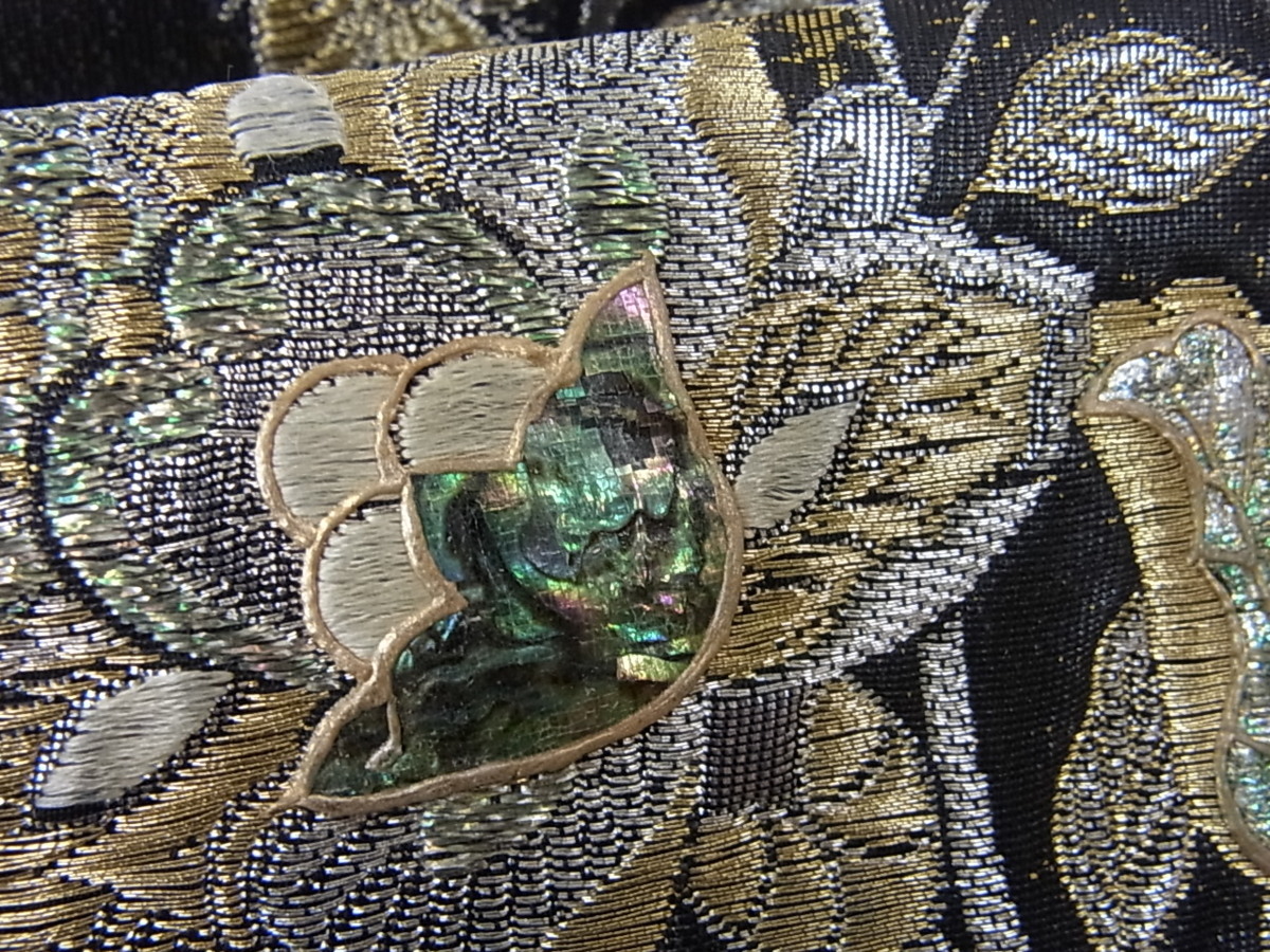 唐織 金銀糸 逸品 花美人着物□六通柄袋帯 花美人 金 六通柄 黒地 正絹 松華文 ic1136 正倉院花唐草文 平和屋着物□六通柄袋帯 螺鈿箔 金糸 銀彩