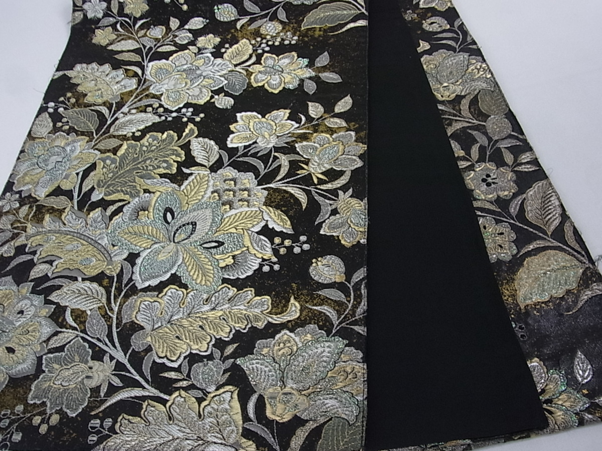 唐織 金銀糸 逸品 花美人着物□六通柄袋帯 花美人 金 六通柄 黒地 正絹 松華文 ic1136 正倉院花唐草文 平和屋着物□六通柄袋帯 螺鈿箔 金糸 銀彩