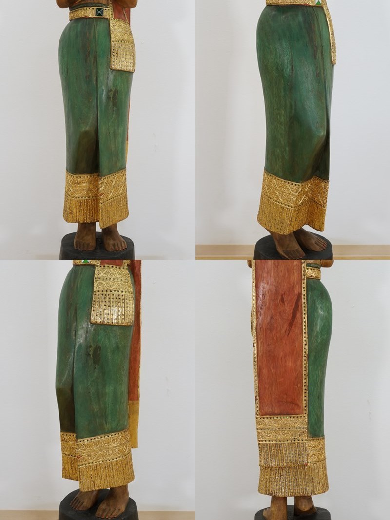 前ダ:【木彫り】タイ サワディー 人形 ② 高さ約162㎝ 幅約27.5㎝ 彩色