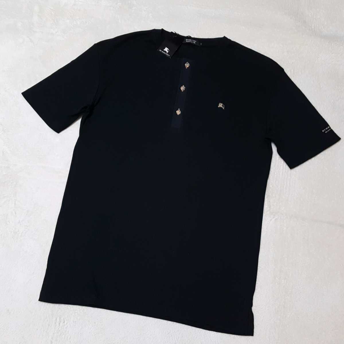 【新品タグ付】バーバリーブラックレーベル ホース刺繍 ブランド文字 リブニット ヘンリーネック カットソー Ｔシャツ 日本製 黒 3（Ｌ） バーバリーブラックレーベル ホース刺繍 ブランド Lサイズ相当 BLACKLABEL 鹿の子