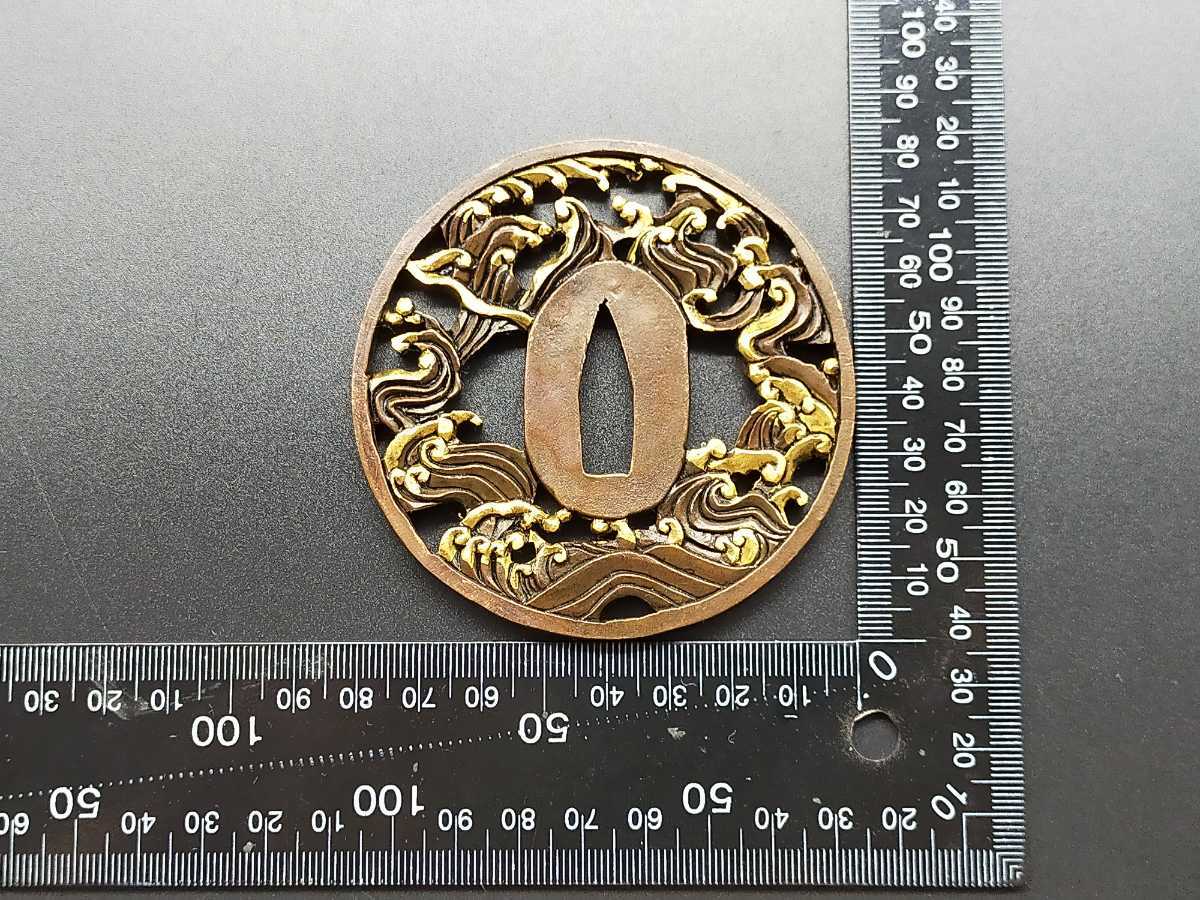 Q6426 刀鍔 海浪図 銅地 絵金銀 日本刀装具 鍔 つば 鐔 刀鐔 刀の鍔(鍔