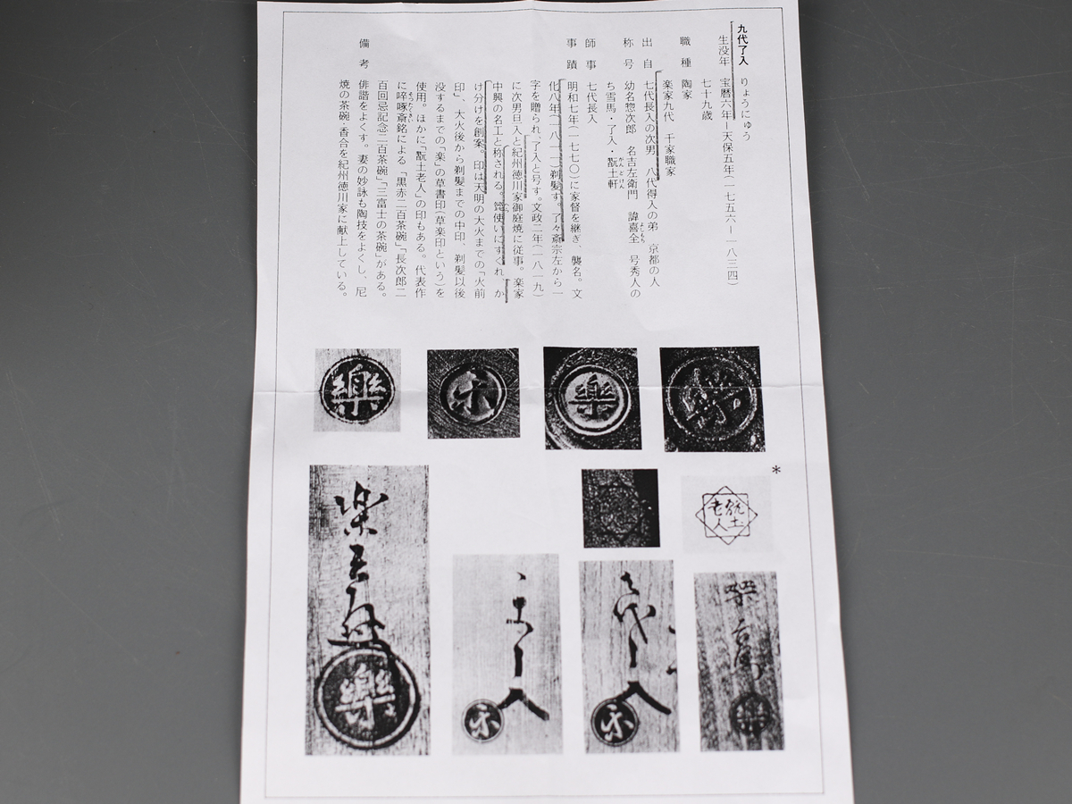 C8430 【九代 楽吉左衛門 了入】作 黒楽赤茶碗／合箱付 美品r！h