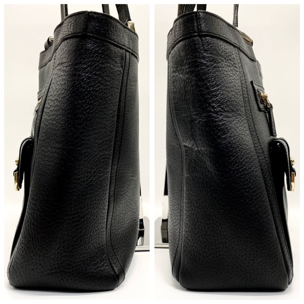 1円【極美品】GUCCI グッチ オールレザー ビジネスバッグ バンド トート 鞄 ブリーフケース A4&PC収納可 メンズ レディース 黒 ブラック グッチ ビジネスバッグ メンズ 1円○極 プレートロゴ トート