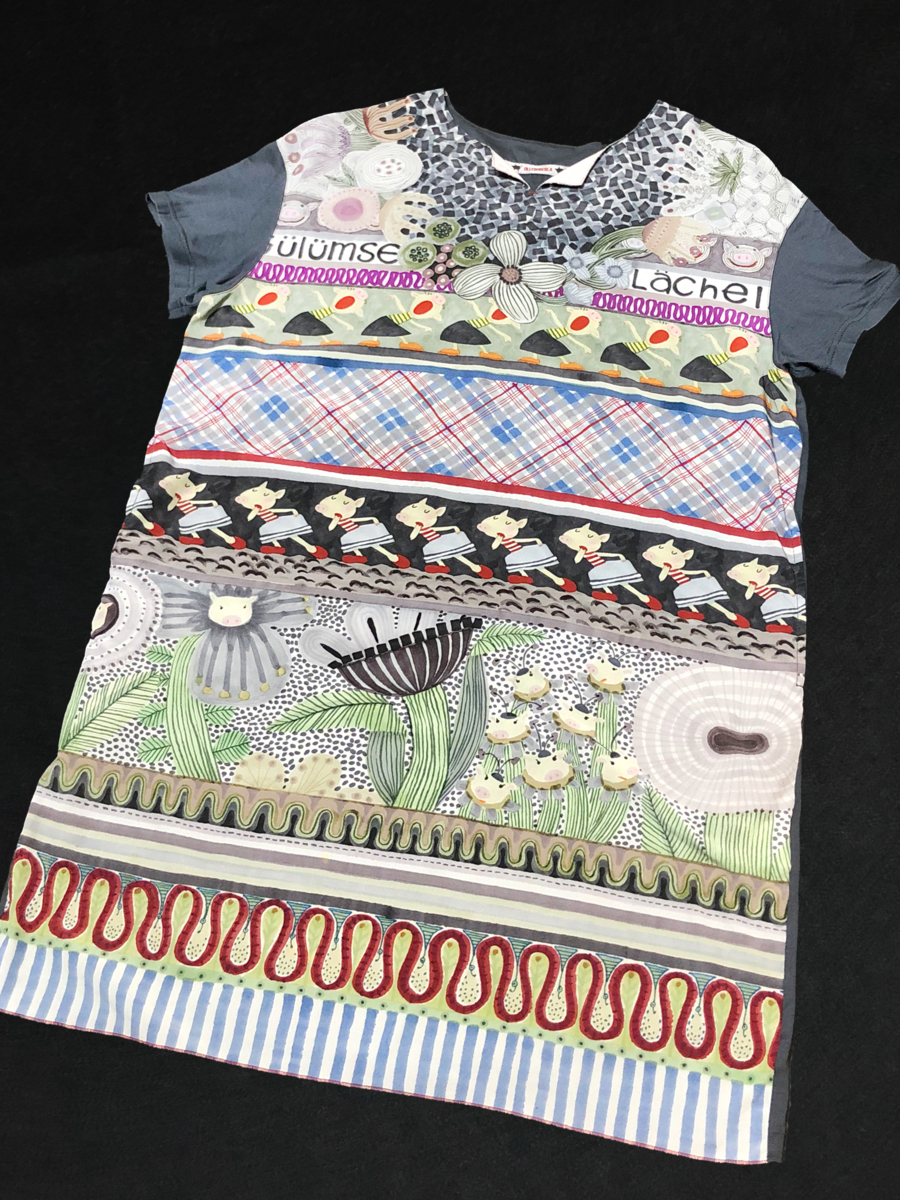 美品 アルベロベロ ブタさん切替花プリント半袖チュニック グレー 