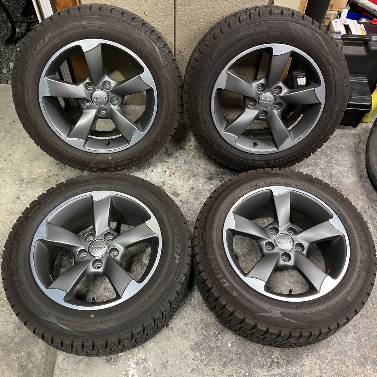 超バリ山！アウディ センターキャップ付 16×7.5j+37 PCD112/5H 205/60R16 ダンロップ ウインターマックス WM02 2017年製 4本 検: A4 純正