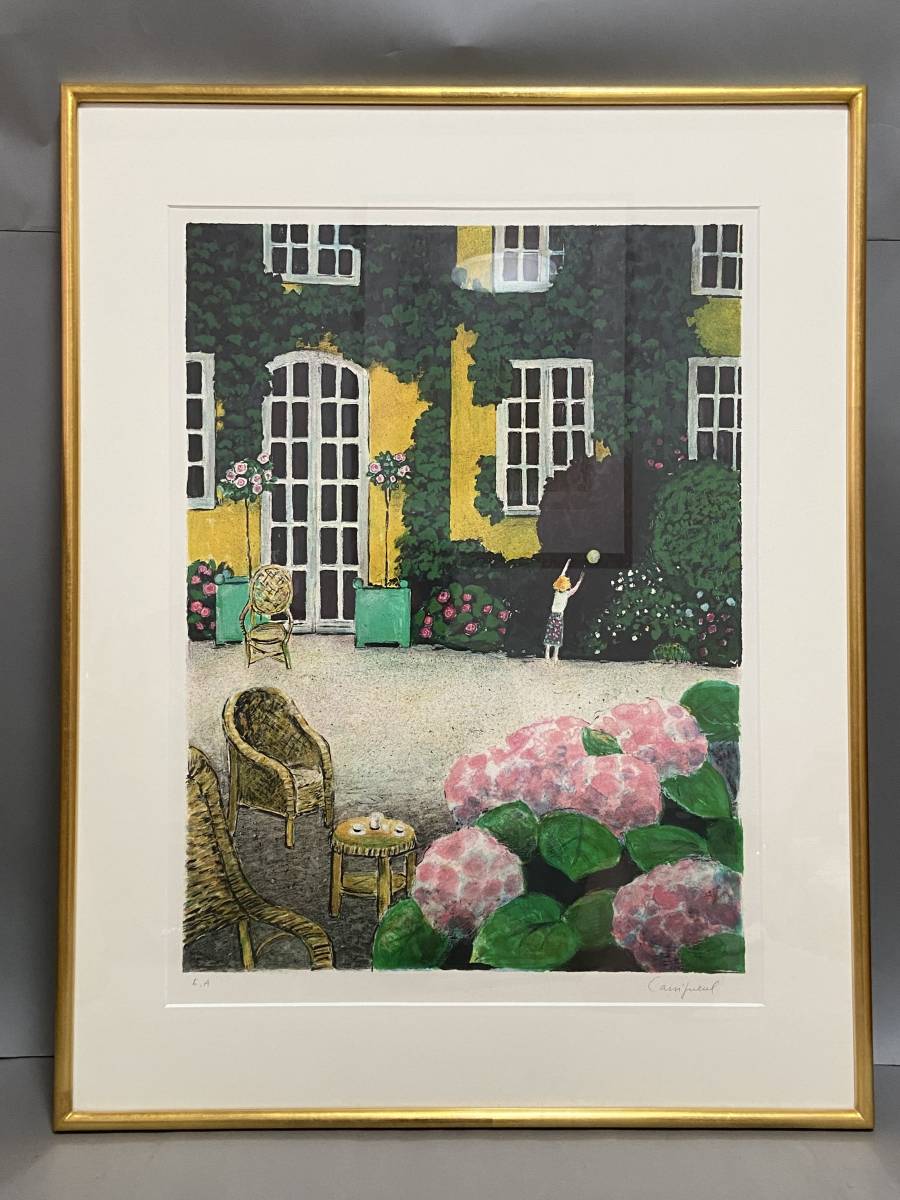 【純】カシニュール「オリジナルリトグラフ”裏庭”直筆サイン・真作～紫陽花が咲き乱れる陽光の庭で遊ぶ少女・清々しい大判作品」