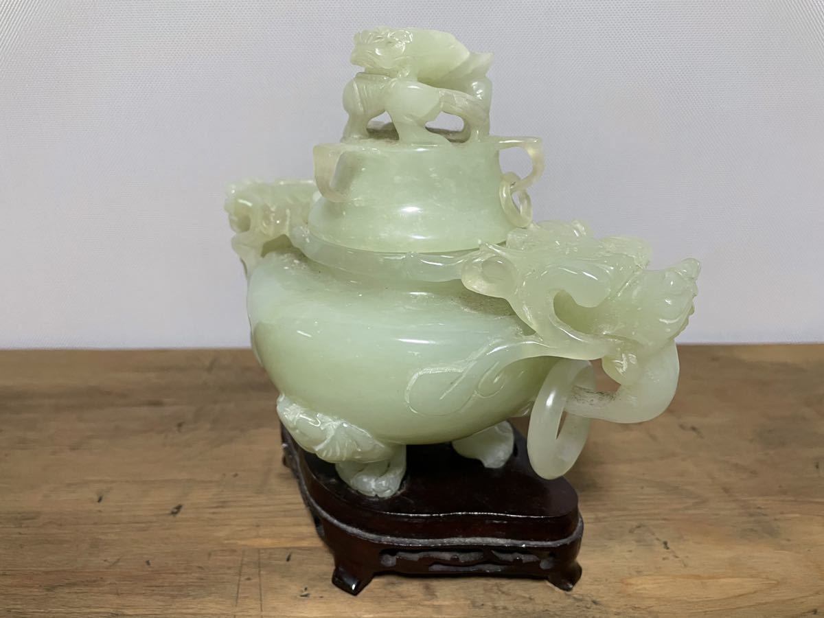 土》玉石香炉 三つ足 中国 獣耳 遊環 台付き 【公式通販】