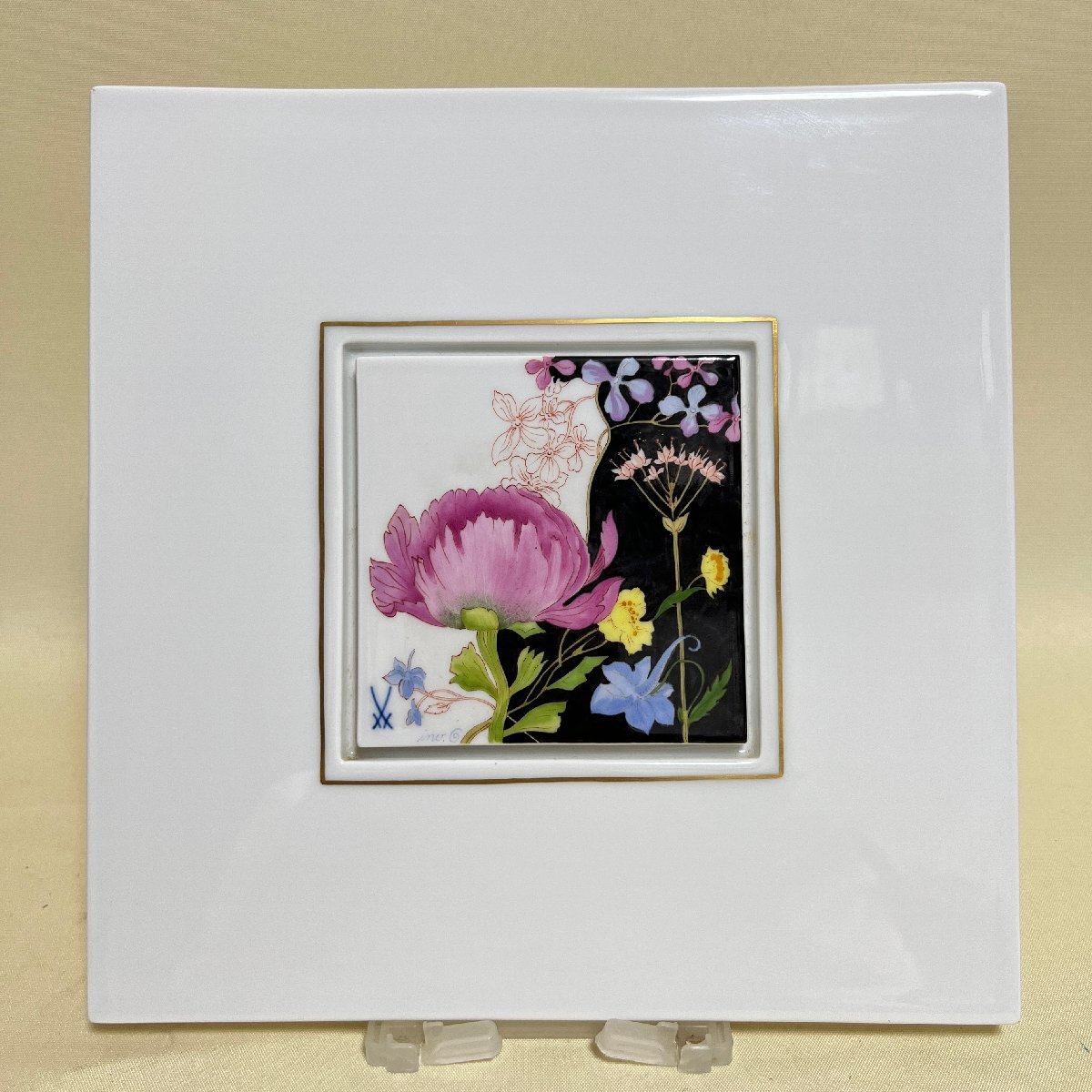 美品★希少★マイセン 陶板画 壁掛け 花柄　　アンティーク 希少 マイセン 陶板画 花 22cm×22cm 箱付き Meissen(マイセン)｜売買