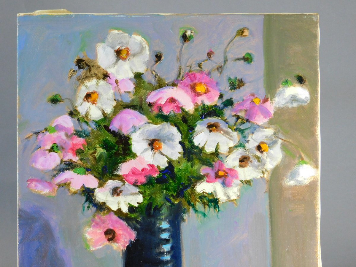 作者不詳 K.AOYAMA コスモス 静物画F6 油彩 キャンバス 額装 OK1934