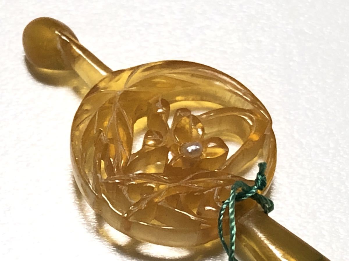 アンティーク 本鼈甲 白甲 本真珠 1.6g 透かし花細工 平打ち簪 未使用 