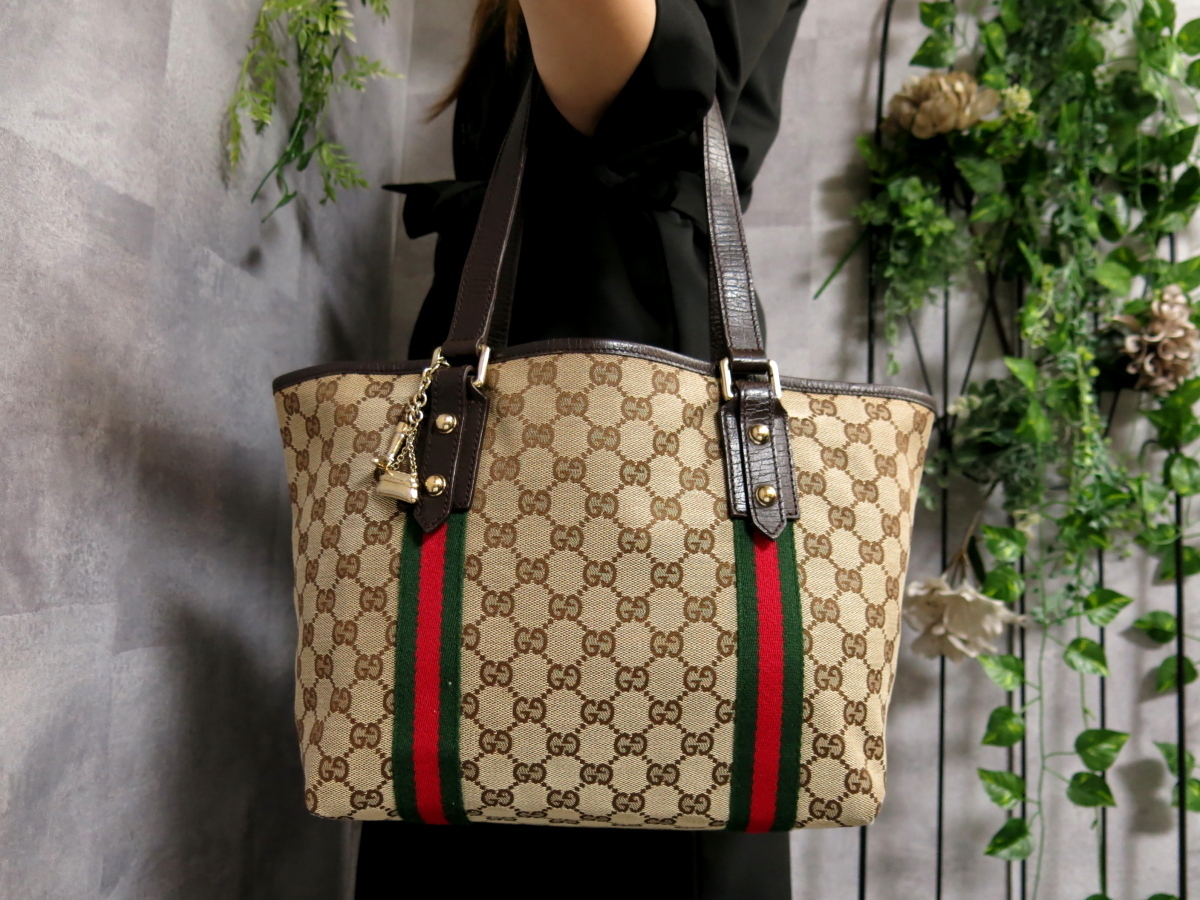 ●超美品●GUCCI グッチ●シェリー●GGキャンバス カーフ レザー 本革●トート バッグ●ベージュ 茶 赤 緑●G金具●B5 書類 収納●Js29232 グッチ シェリーライン GGキャンバス 0 ◇超美品売切グッチシェリー 1円■超美品■希少デザイン■型崩れ無し