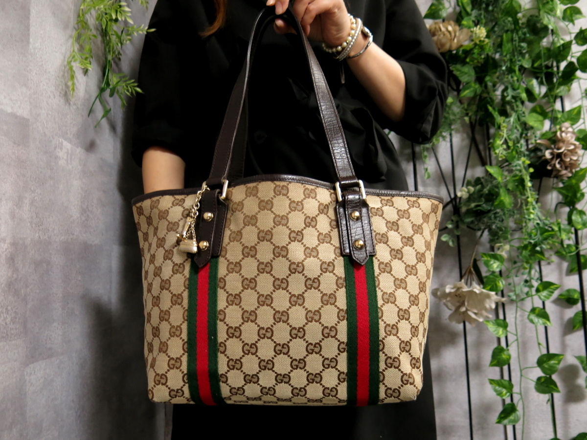●超美品●GUCCI グッチ●シェリー●GGキャンバス カーフ レザー 本革●トート バッグ●ベージュ 茶 赤 緑●G金具●B5 書類 収納●Js29232 グッチ シェリーライン GGキャンバス 0 ◇超美品売切グッチシェリー 1円■超美品■希少デザイン■型崩れ無し