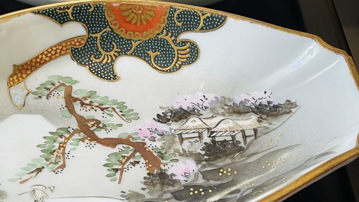 旧家蔵出) 九谷製 九谷焼 金彩 青粒 明治九谷変形皿10客 金彩 色絵