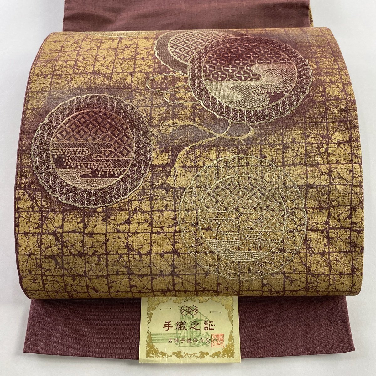 安い，低価 競ナビ 袋帯 秀品 証紙 紬地 七宝 霞 金糸 金彩 赤紫 お太鼓柄 正絹(未仕立て)｜売買されたオークション情報、yahooの商品情報をアーカイブ公開 - オークファン 未仕立て