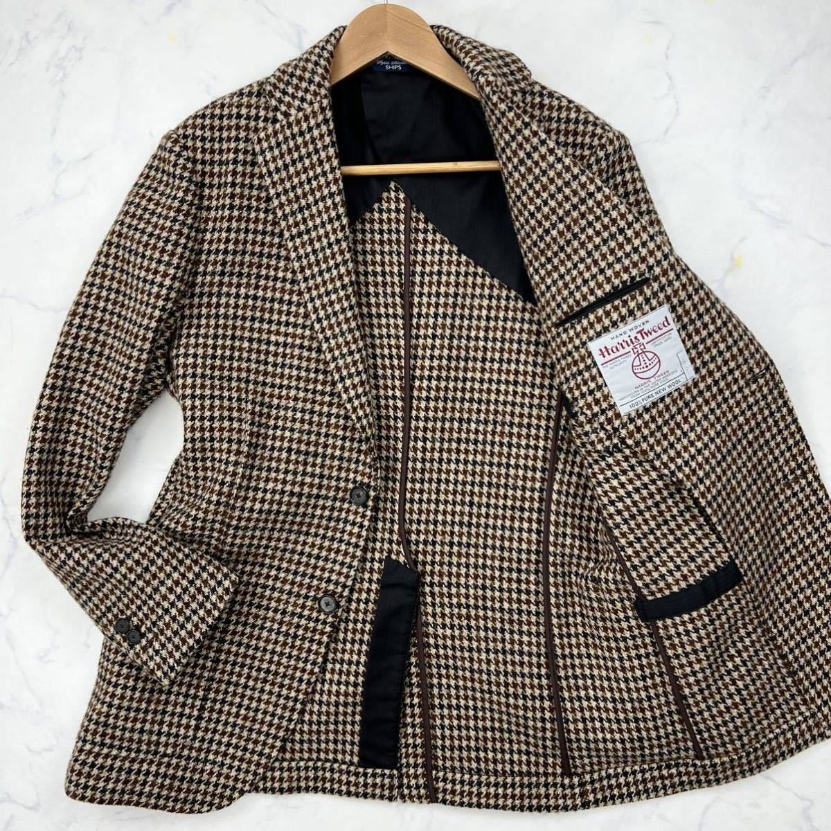 C10 SHIPS〈ハリスツイード生地〉テーラード アンコンジャケット ガンクラブチェック 千鳥柄 ブラウン 48 L シップス Harris Tweed