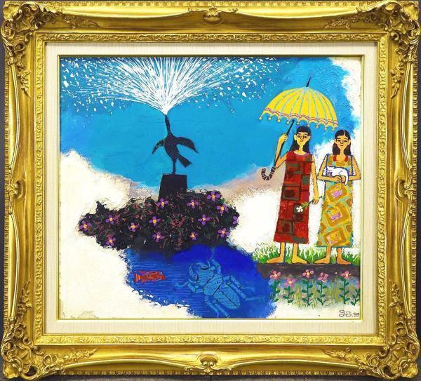 真作】【WISH】正田壌「黄色いコーモリ傘」油彩 10号 1999年作 ◇女性