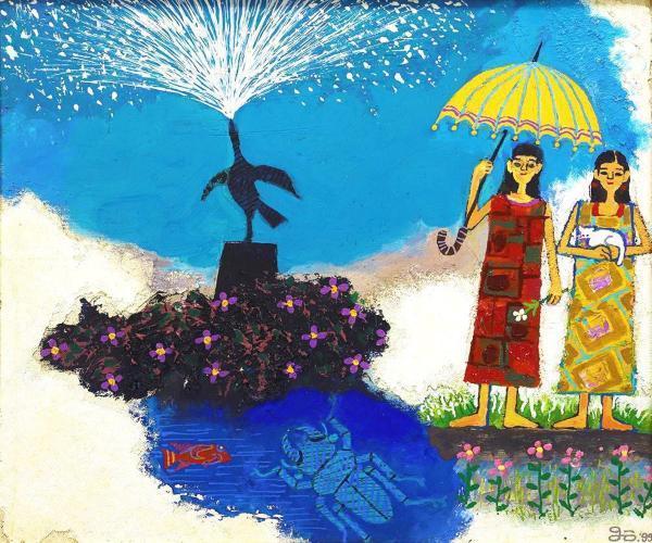 真作】【WISH】正田壌「黄色いコーモリ傘」油彩 10号 1999年作 ◇女性