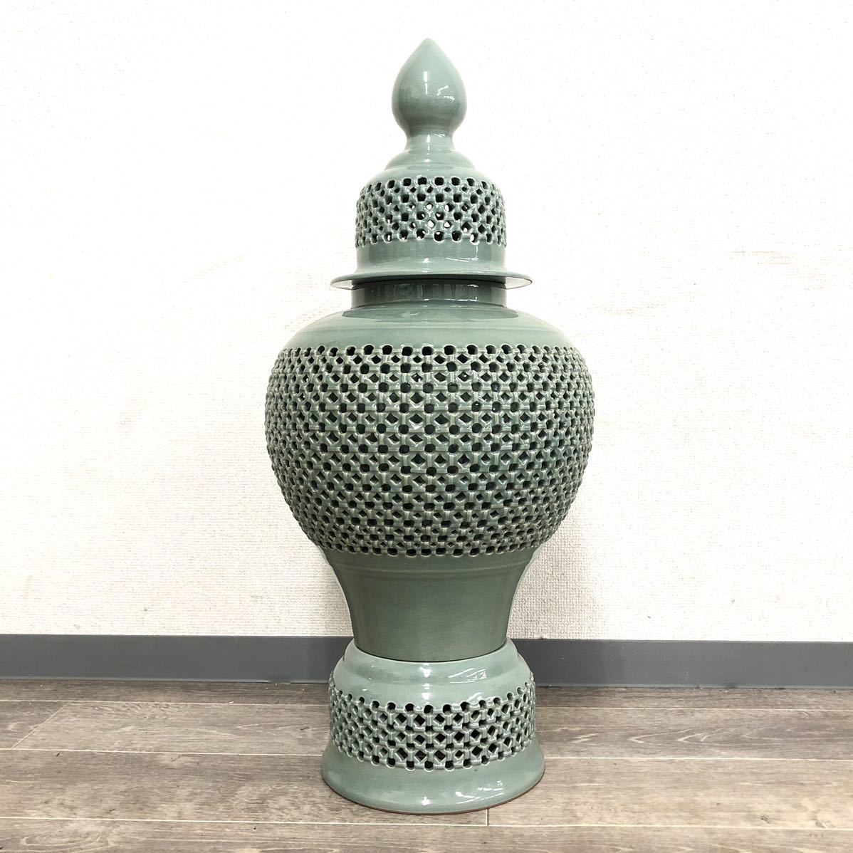 貞山作 高麗青磁 網目 透かし 鶴 飾り壷 蓋 全高/約74cm 壺 ツボ 菊HG