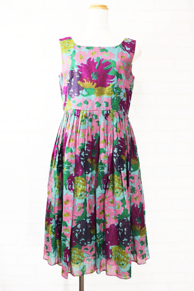 ★未使用★sybillaシビラ/リネン花柄プリントワンピース定価4.9万：L/灰緑系xt009