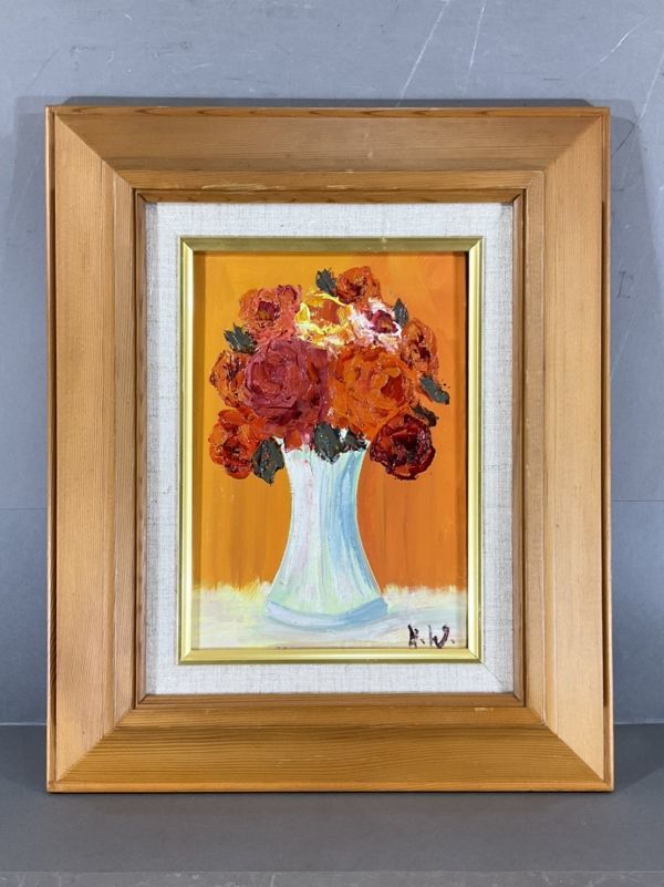 真作保証□油彩□渡部ひでき□『薔薇』□ 厚塗り人気画家 海外風景□額