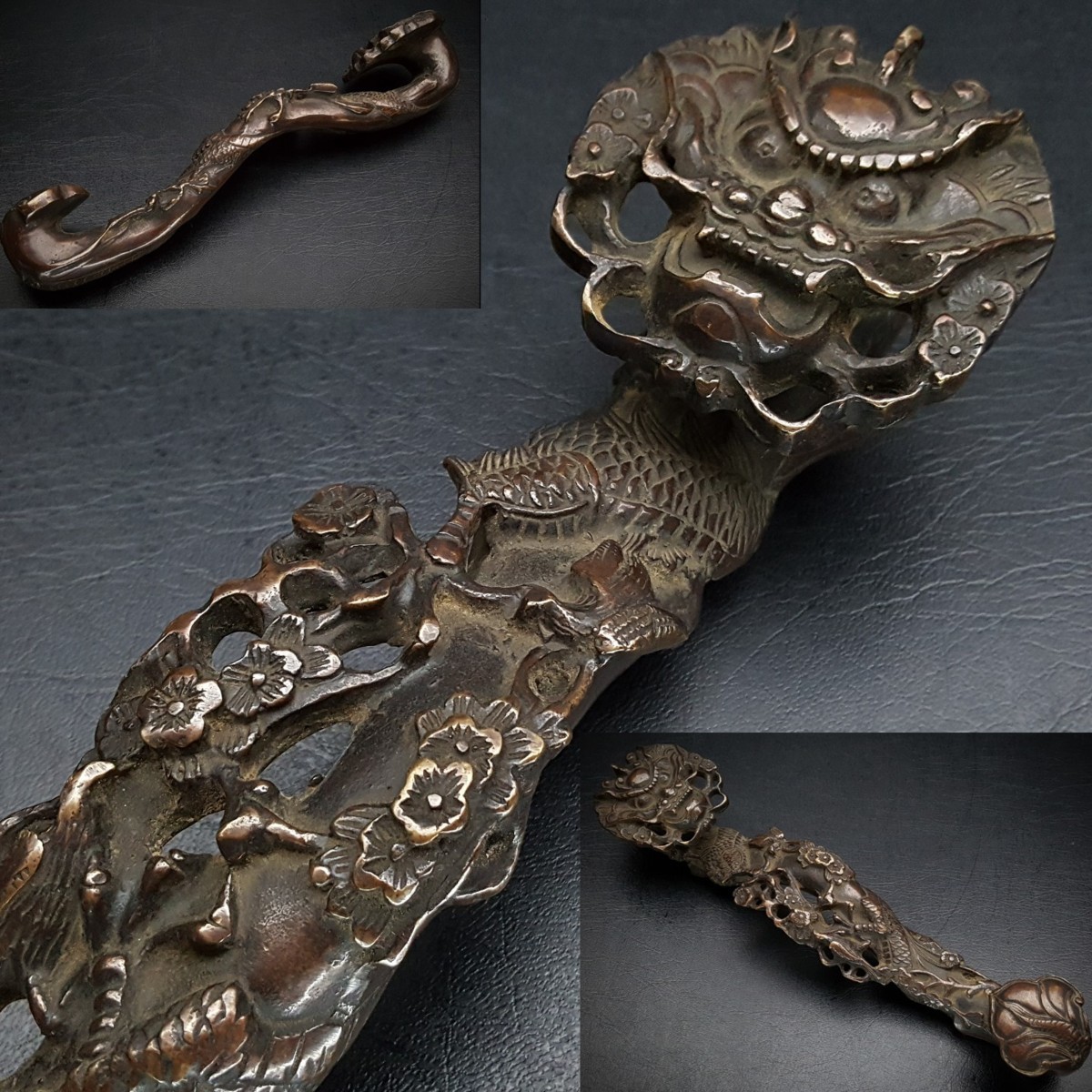 宝蔵】中国古玩 古銅 唐銅 龍彫如意 銅 置物 如意龍 27.5cm 822g