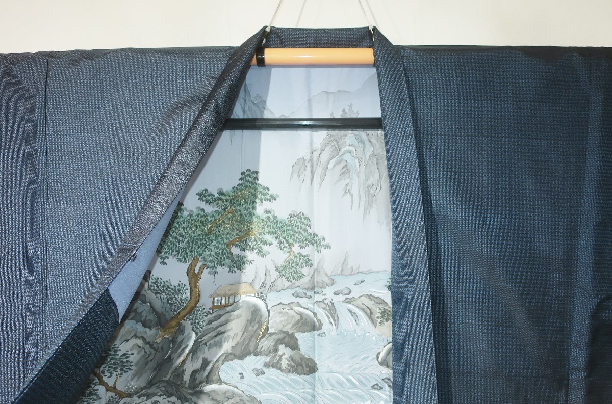 人気，お得 壱日4552 本絹泥藍大島紬男着物羽織 裄72丈147К百山亀甲黒瑠璃 現代物