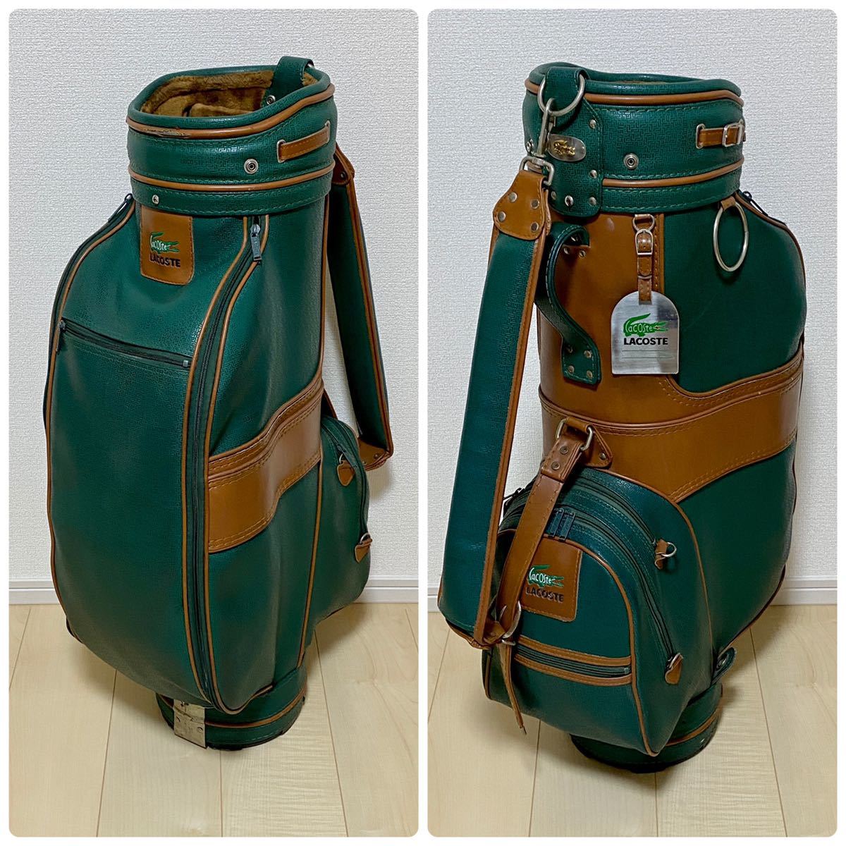LACOSTE ラコステ ゴルフ キャディバッグ グリーン 約8型 3分割 ラコステ (LACOSTE) キャディバッグ 希少品 ロゴ総柄 ゴルフバッグ